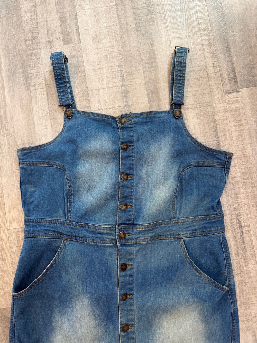 Wax Jean Women’s 3XL Blue Denim Overall Dress Button Front Frayed Hem Pockets